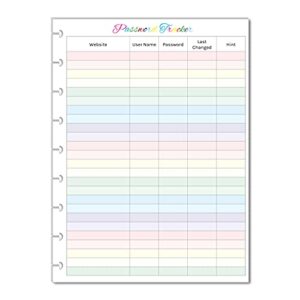 color password tracker for 9-disc planners, password log, pre-punched planner inserts, password list