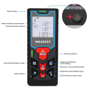 MiLESEEY Laser Measure, 131/328ft Laser Tape Measure with 2 Bubble Levels, Laser Distance Measure with Backlit LCD, Add/Sub, Mute Mode, Pythagorean Mode, Measuring Distance, Area & Volume