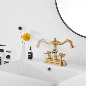 Bathroom Faucet Antique Brass GGStudy 2 Handles 4 Inches Centerset RV Bathroom Vanity Faucet with Drain Assembly and Supply Hose Lavatory Faucet Mixer Double Handle Tap