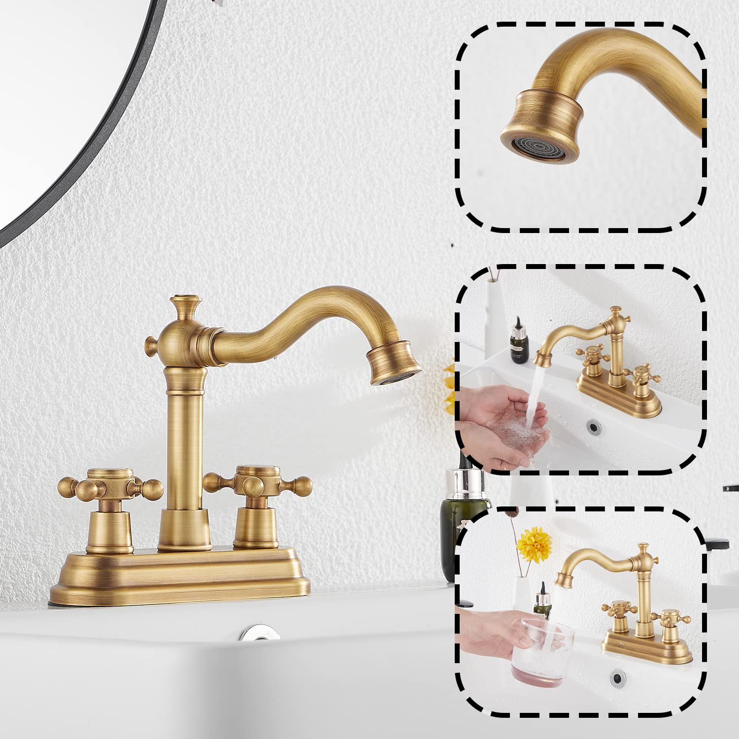 Bathroom Faucet Antique Brass GGStudy 2 Handles 4 Inches Centerset RV Bathroom Vanity Faucet with Drain Assembly and Supply Hose Lavatory Faucet Mixer Double Handle Tap