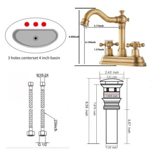 Bathroom Faucet Antique Brass GGStudy 2 Handles 4 Inches Centerset RV Bathroom Vanity Faucet with Drain Assembly and Supply Hose Lavatory Faucet Mixer Double Handle Tap