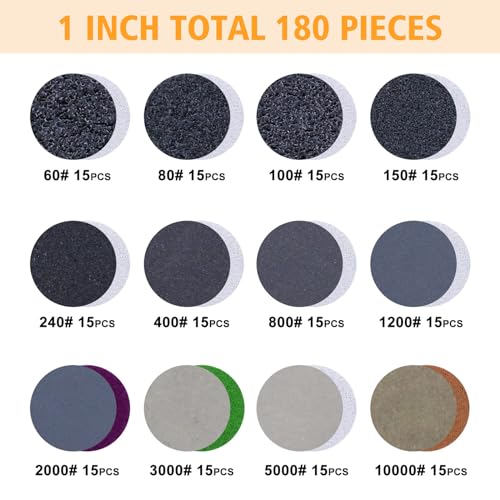 POLIWELL 191 PCS 1 Inch Sanding Discs Hook and Loop 60 to 10000 Wet Dry Sandpaper with 1/8" Shank Backing Pad,Polishing Pads and Interface Pad for Drill Grinder Rotary Tools and Wood Metal Jewelry