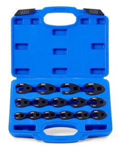 orion motor tech crowfoot wrench set for 8 to 24 mm flare nuts, crowfoot flare nut tool kit, 15 piece large & small metric wrench set for 3/8" and 1/2" drives ratchets extenders for nut removal