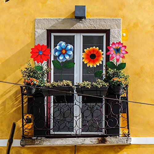 aboxoo 4 Pack Flower Garden Stakes Decor, Outdoor Metal Colorful Sunflowers Daisy Shaking Head Yard Art, Rust Proof Metal Flower Stick, Indoor Outdoor Pathway Patio Lawn Decorations