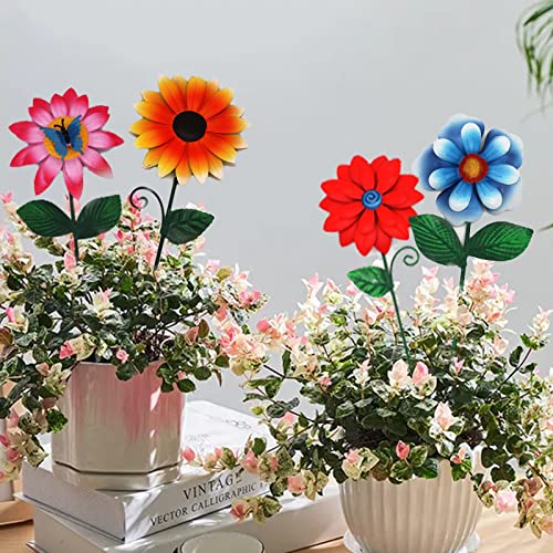 aboxoo 4 Pack Flower Garden Stakes Decor, Outdoor Metal Colorful Sunflowers Daisy Shaking Head Yard Art, Rust Proof Metal Flower Stick, Indoor Outdoor Pathway Patio Lawn Decorations