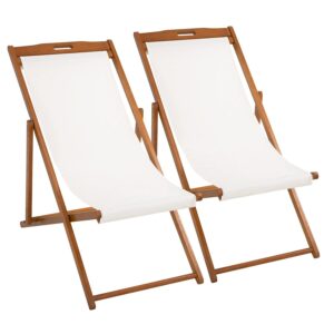 beach chair recliner chair set of 2 adjustable lounge chair outdoor folding portable reclining chairs adjustable frame solid eucalyptus wood with white polyester canvas 3 level height adjustable,white