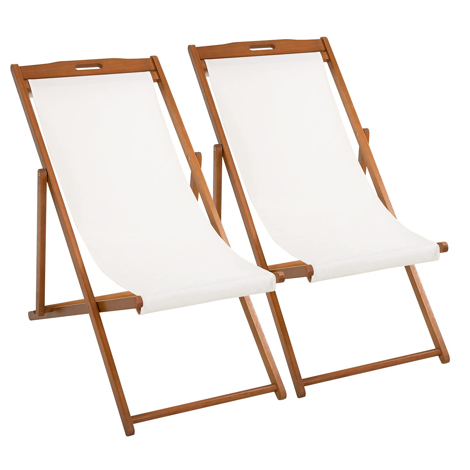 Beach Chair Recliner Chair Set of 2 Adjustable Lounge Chair Outdoor Folding Portable Reclining Chairs Adjustable Frame Solid Eucalyptus Wood with White Polyester Canvas 3 Level Height Adjustable,White