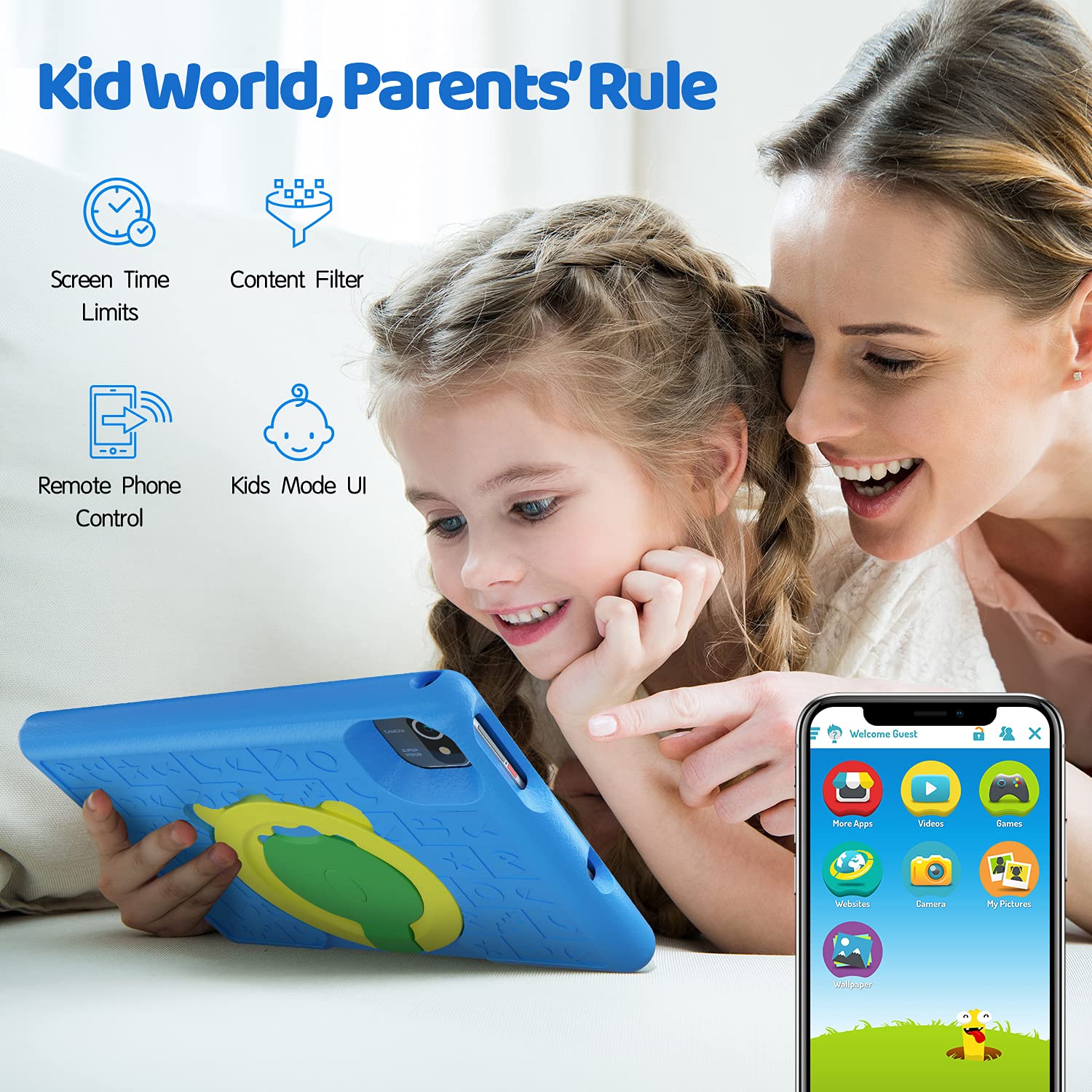 Kids Tablet 10 inch Tablet for Kids -Android 10 Tablet PC 10.1" Display, 5000mAh, Kidoz Pre Installed, Parental Control, 32GB ROM, Quad Core Processor, Wi-Fi, Bluetooth, Kid-Proof Case, Blue