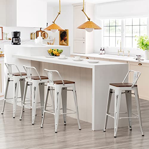 Andeworld Bar Stools Set of 4 Counter Height Stools Industrial Metal Barstools with Wooden Seats(30 Inch, Distressed White)