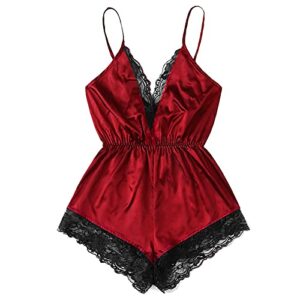 wodceeke sexy lace silk pajama lingerie for women for sex naughty play plus size teddy babydoll bodysuit nightgown (red, xxl)