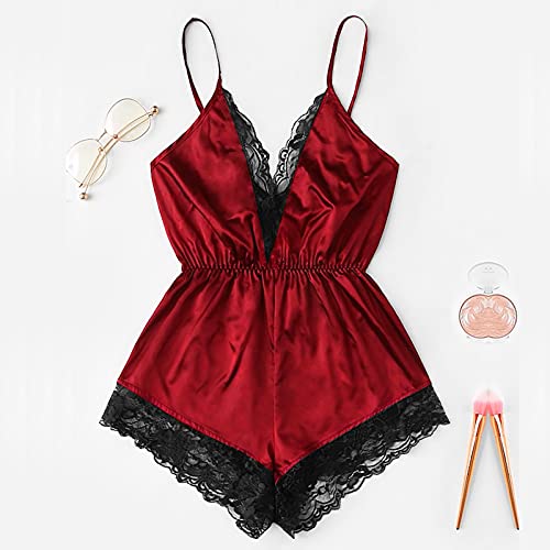 wodceeke Sexy Lace Silk Pajama Lingerie For Women For Sex Naughty Play Plus Size Teddy Babydoll Bodysuit Nightgown (Red, XXL)