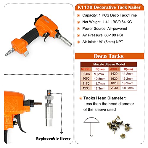 KAMSIN Pneumatic Decorative Nailer 9.60-20.30mm (3/8-Inch to 3/4-inch) Head Diameter Air Power Tack Nail Gun Finish Nailer Deco Tacks Gun for Upholstering, Sofa Leather, Furniture (1820 Deco Nailer)