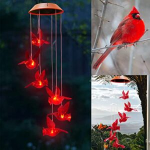 cardinal wind chimes, cardinal bird wind chimes, solar powered chime light, wind chimes for loss of love, hummingbird decor for patio, deck, yard, garden, home