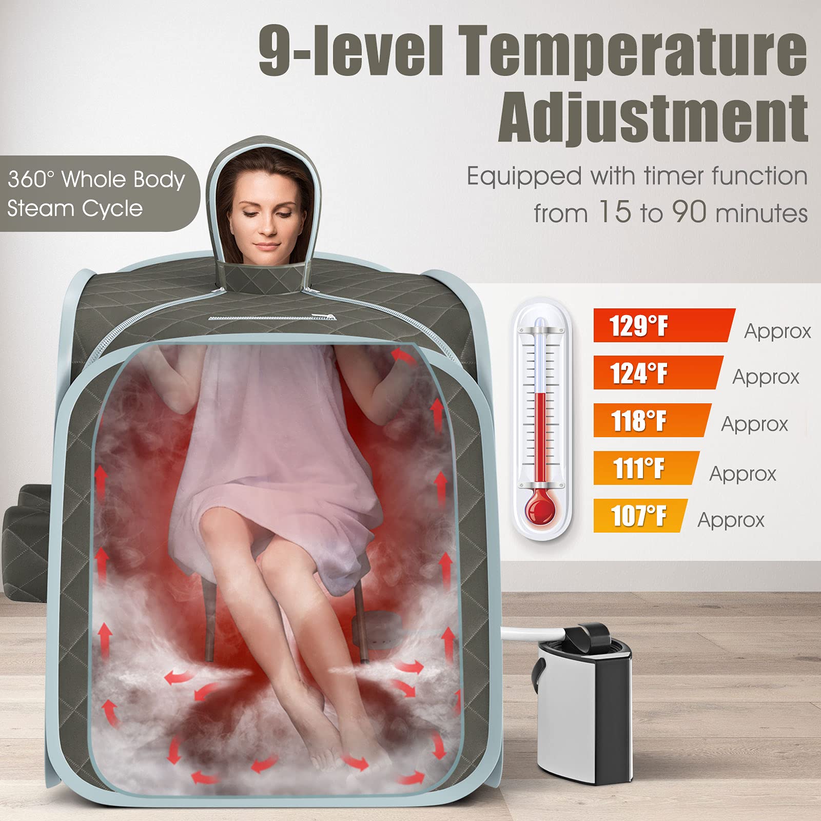 COSTWAY Portable Steam Sauna, Remote Control, 3L Steamer, Foldable Sauna Spa with 9 Temperature and 90 Mins Timer, Atomization, Personal Sauna Hat Tent for Detox Relaxation (Grey)