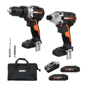 worx nitro 20v brushless 1/2" hammer drill cordless and 1/4" cordless impact driver combo kit, cordless drill set with storage bag power share compatible wx971l – (batteries & charger included)