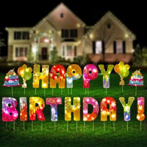 18 pcs 16inch birthday party decorations with string light (1*5m &1*10m led lights ) large happy birthday yard signs with stake, colorful waterproof yard letters cake ballon outdoor decorations