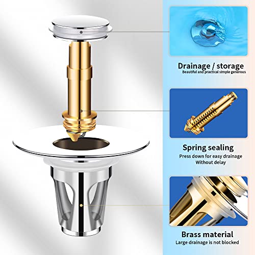 HAOMIAO Bathroom Sink Stopper(1.1-1.5inch, Brass Pop Up Wash Basin Plug Cover for Bathtub drains, Anti-Clogging Bath Plug Stopper Sink Drain Strainer with Basket (Chrome)