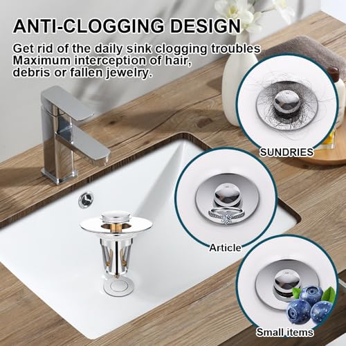 HAOMIAO Bathroom Sink Stopper(1.1-1.5inch, Brass Pop Up Wash Basin Plug Cover for Bathtub drains, Anti-Clogging Bath Plug Stopper Sink Drain Strainer with Basket (Chrome)