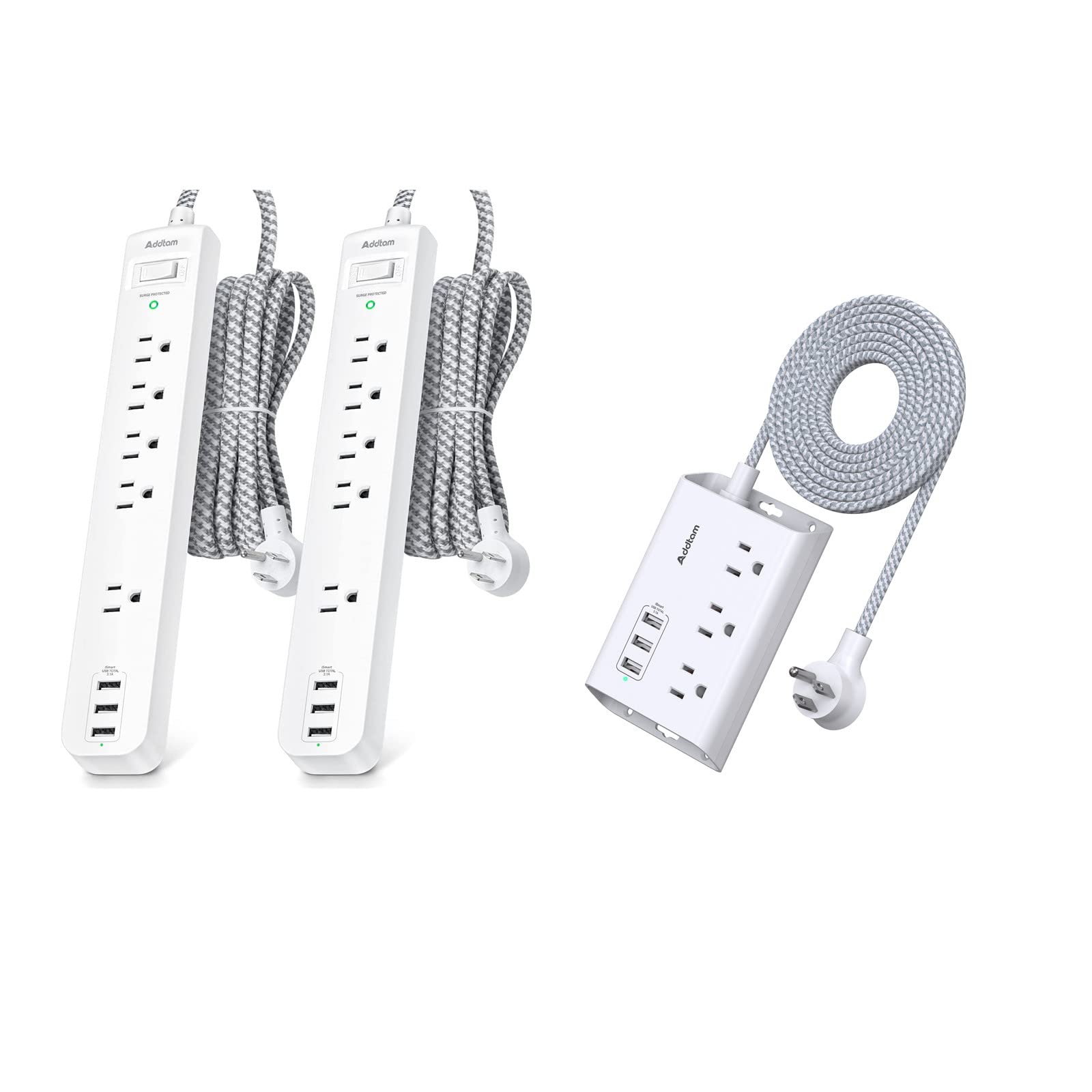 2 Pack Power Strip Surge Protector and Extension Cord with 3 USB Ports 3 Widely Spaced Outlets