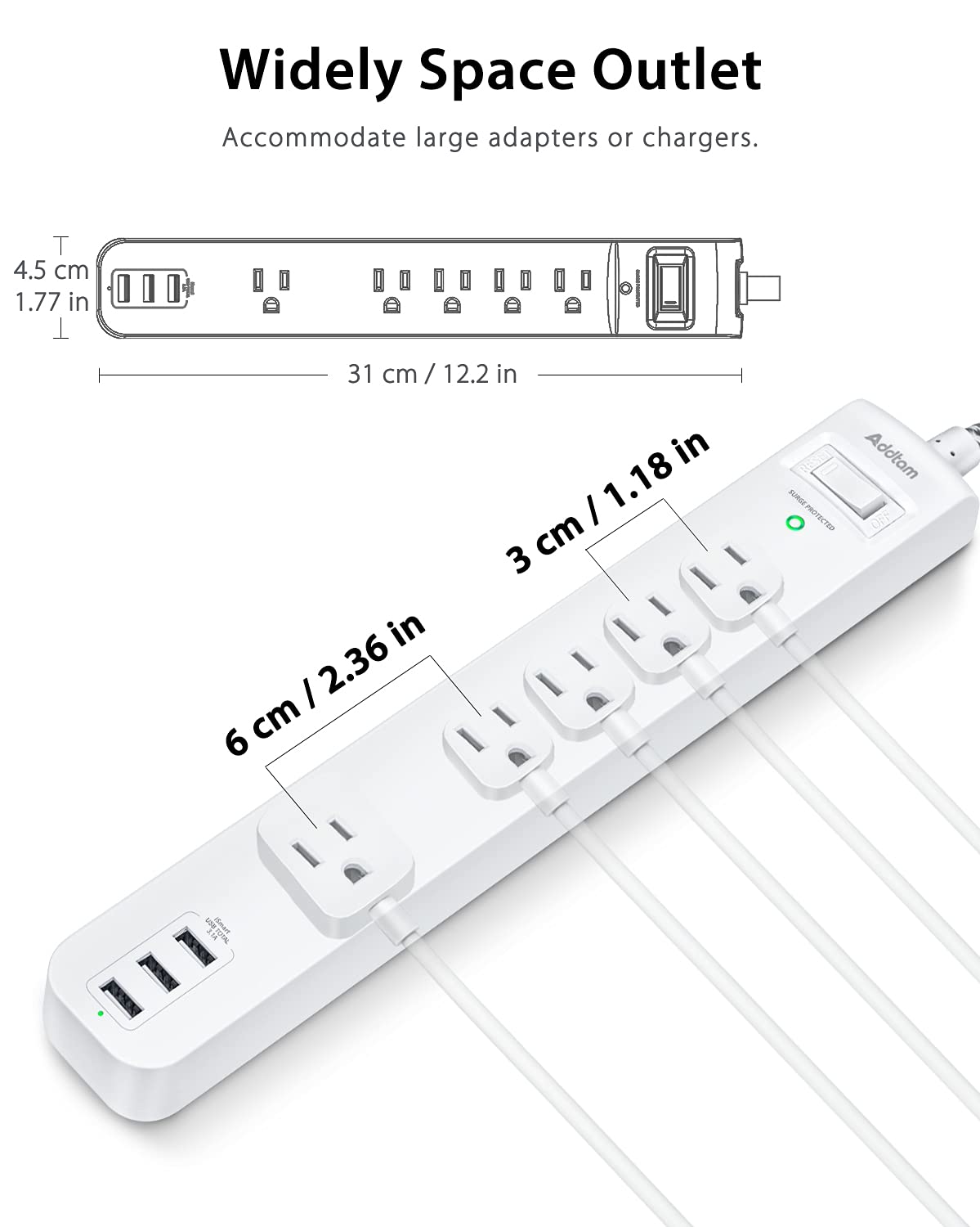 2 Pack Power Strip Surge Protector and Extension Cord with 3 USB Ports 3 Widely Spaced Outlets