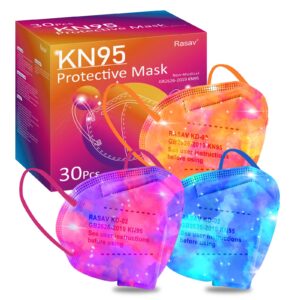 rasav kn95 face masks, 30 pack comfortable 5 layer cup dust safety mask, muti-colored design kn95 mask with elastic ear loops for women, men