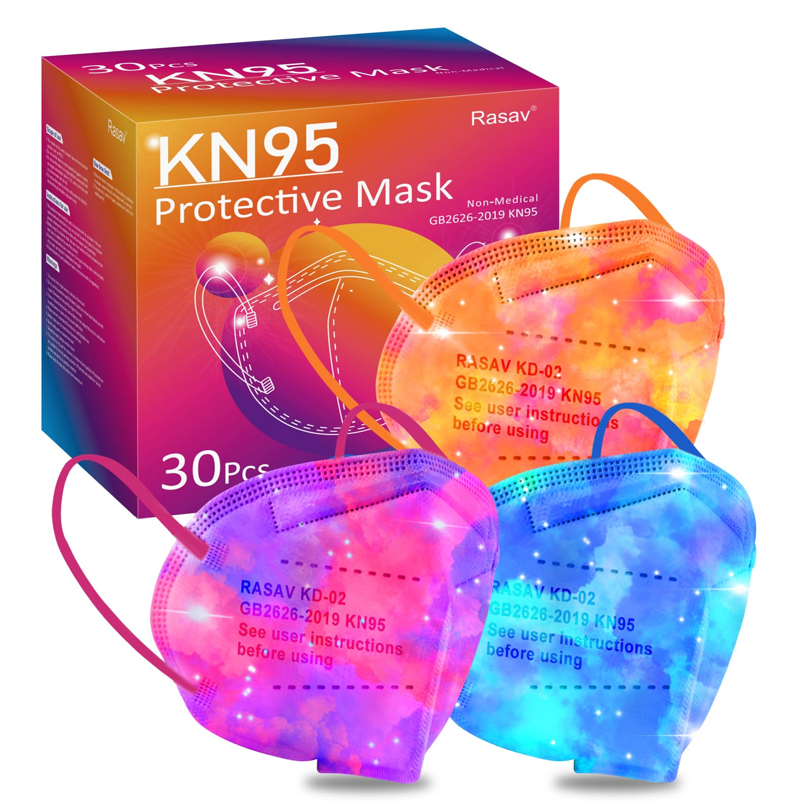 Rasav KN95 Face Masks, 30 Pack Comfortable 5 Layer Cup Dust Safety Mask, Muti-Colored Design KN95 Mask with Elastic Ear Loops for Women, Men