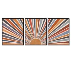 Sun Rays Print Boho Wall Decor Mid Century Modern Geometric Sunshine Wall Art Abstract Sun Boho Print Nursery Blue Orange Decor Set Of 3 UNFRAMED 11X14INCH