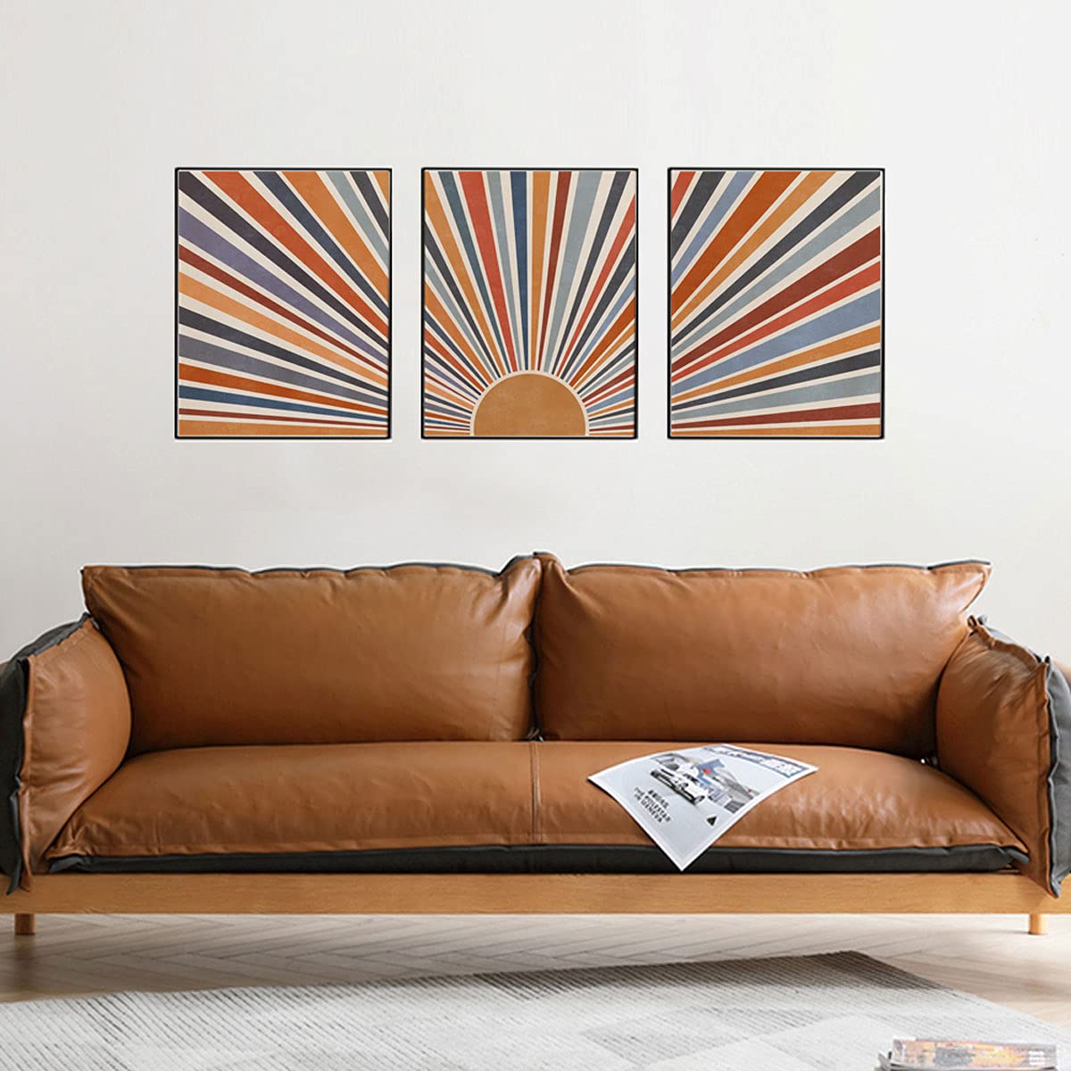 Sun Rays Print Boho Wall Decor Mid Century Modern Geometric Sunshine Wall Art Abstract Sun Boho Print Nursery Blue Orange Decor Set Of 3 UNFRAMED 11X14INCH