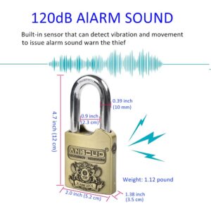 Alarm Padlock - Anti-Theft Heavy Duty Security Alarm Lock - 120db Alarm Sound - Weather Proof for Door Storehouse Truck with 4 Keys (10mm) Bronze