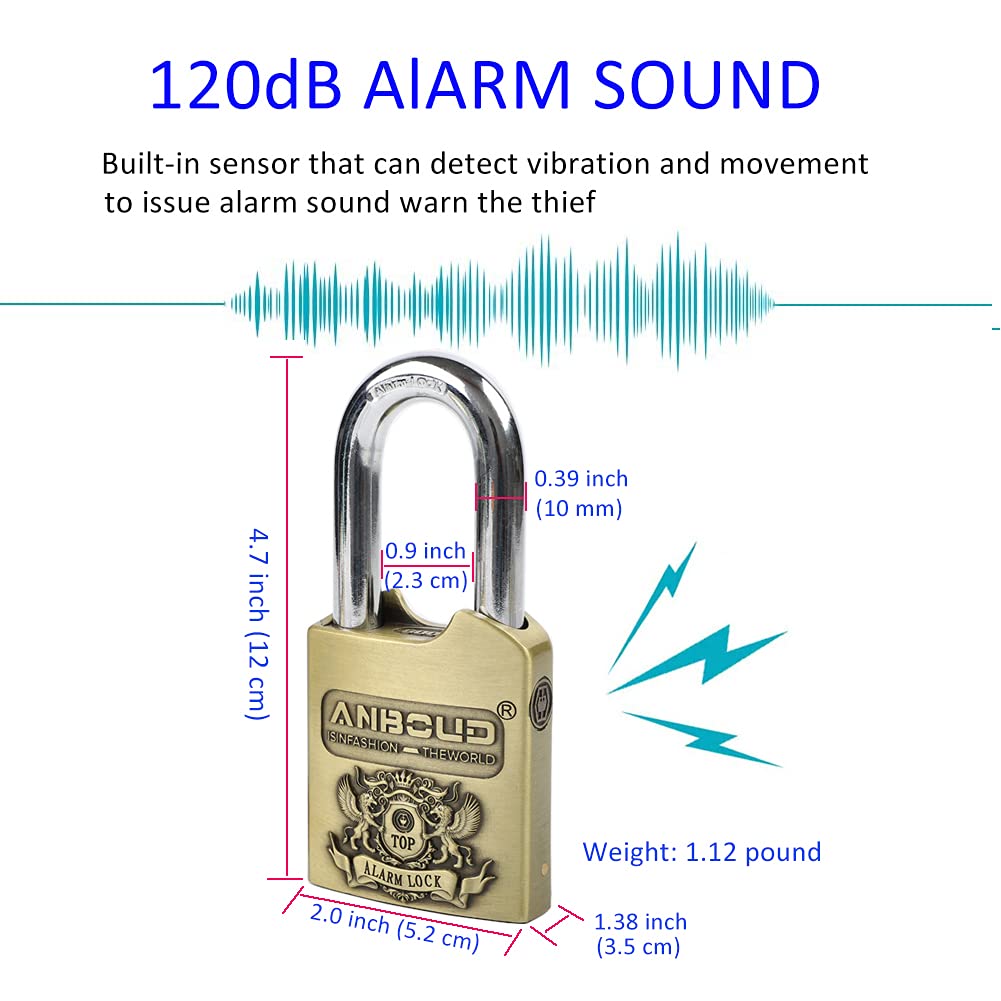 Alarm Padlock - Anti-Theft Heavy Duty Security Alarm Lock - 120db Alarm Sound - Weather Proof for Door Storehouse Truck with 4 Keys (10mm) Bronze