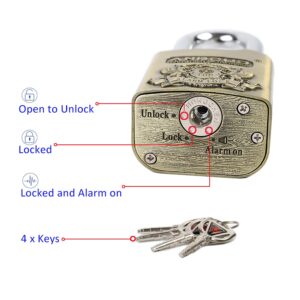 Alarm Padlock - Anti-Theft Heavy Duty Security Alarm Lock - 120db Alarm Sound - Weather Proof for Door Storehouse Truck with 4 Keys (10mm) Bronze