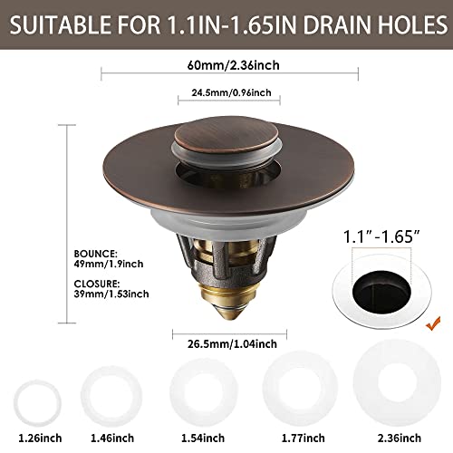 Fransiton Bathroom Sink Stopper, 1.1-1.77 Inch Basin Pop Up Sink Drain Stopper, Anti Clogging Drain Plug with Detachable Hair Catcher, Dark Bronze