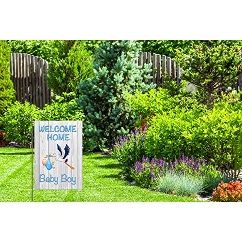 Welcome Home Baby Boy Garden Flag Baby Shower Birth Announcement Family Party Newborn Gender Reveal Lawn Yard Sign Pink Stork Outdoor Decoration Burlap Banner 12.5 x 18 Inch (Blue-Baby Boy)