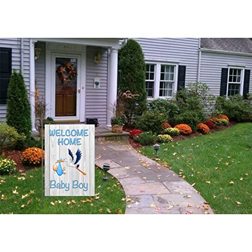 Welcome Home Baby Boy Garden Flag Baby Shower Birth Announcement Family Party Newborn Gender Reveal Lawn Yard Sign Pink Stork Outdoor Decoration Burlap Banner 12.5 x 18 Inch (Blue-Baby Boy)