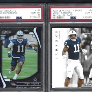 PSA 10 MICAH PARSONS 2 CARD ROOKIE LOT PANINI ABSOLUTE & LEAF GRADED PSA GEM MINT 10 NFL SUPERSTAR DEFENSIVE ROOKIE OF THE YEAR