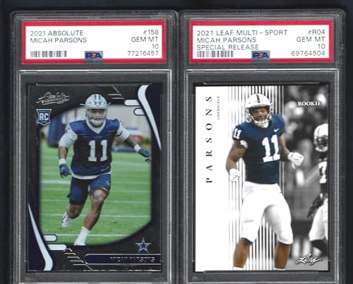 PSA 10 MICAH PARSONS 2 CARD ROOKIE LOT PANINI ABSOLUTE & LEAF GRADED PSA GEM MINT 10 NFL SUPERSTAR DEFENSIVE ROOKIE OF THE YEAR