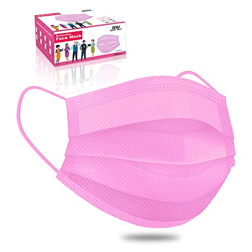 BW BEST WAY 4 Ply 100 Pack Disposable Pink Face Masks, Premium Hypoallergenic Non-Woven Melt Blown Cloth with SMS Layer, Breathable, Comfortable Mask for Men Women Adults