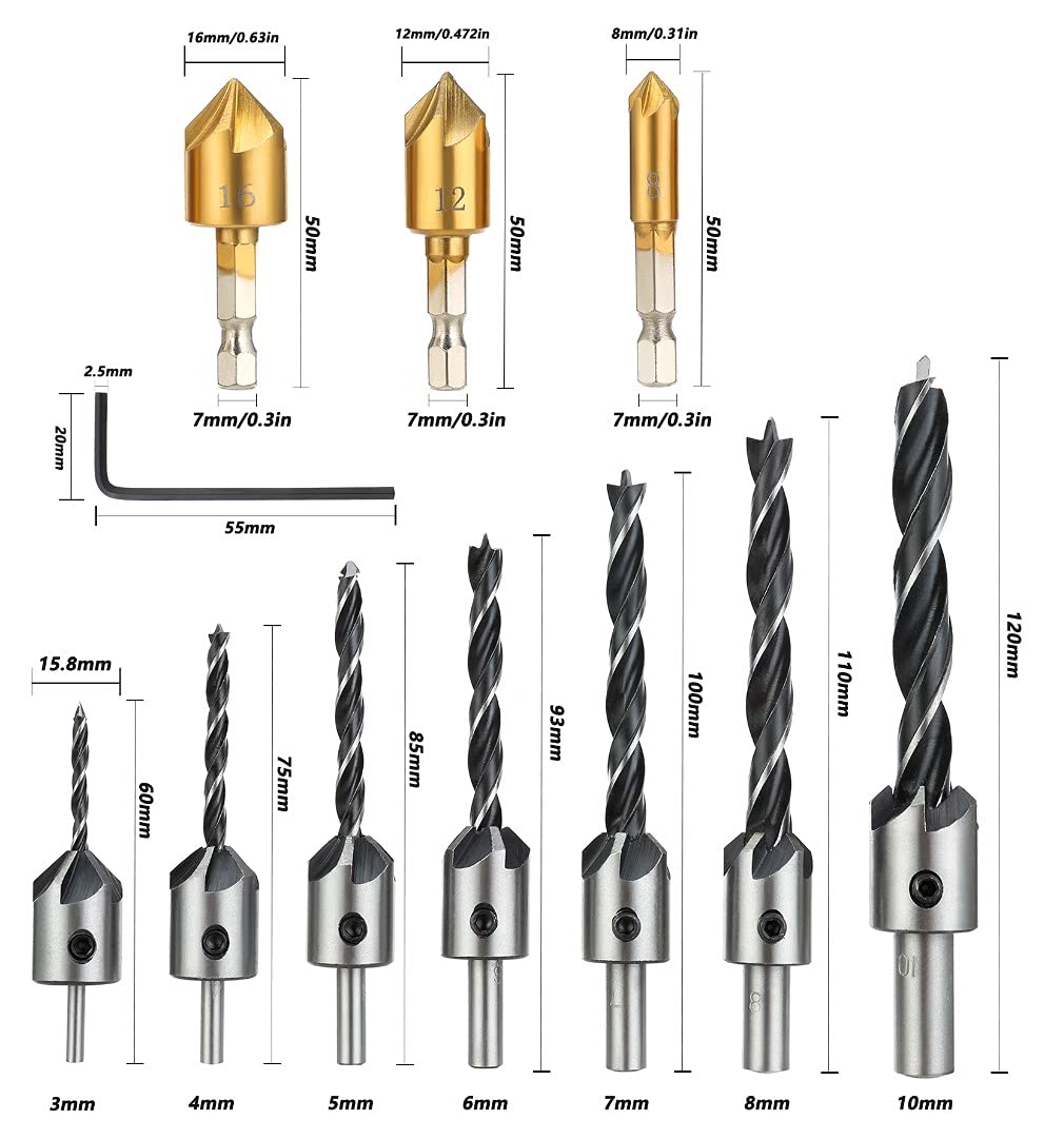 Chew Steel Tools, 11 Pack Woodworking Chamfer Drilling Tools Including 7 Brad Pointed Countersink Drill Bit with L-Wrench, 3 Titanium Countersink bits, 1 Hex Key Wrenc