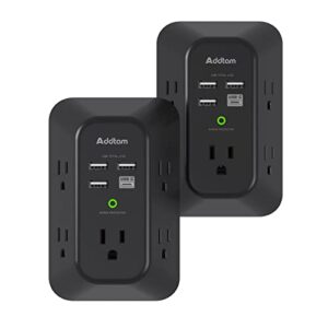 2 pack usb wall charger surge protector, 5 outlet extender with 4 usb charging ports (1 usb c outlet) 3 sided 1800j power strip multi plug outlets, wall adapter spaced for home office, black
