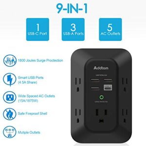 2 Pack USB Wall Charger Surge Protector, 5 Outlet Extender with 4 USB Charging Ports (1 USB C Outlet) 3 Sided 1800J Power Strip Multi Plug Outlets, Wall Adapter Spaced for Home Office, Black