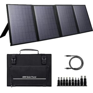 portable solar panel 40w, foldable solar charger for outdoor solar generator power station, adjustable kickstand,10 in 1 connectors,dc to dc cable,usb qc3.0 output for camping rv road trip adventure