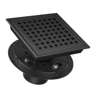 bmvlffs square shower floor drain, bmvlffs 6 inch matte black, brushed sus 304 stainless steel with removable quadrato patten grate, flange includes hair strainer