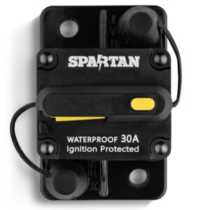 spartan power ignition protected marine circuit breaker - waterproof circuit breaker, battery disconnect switch, resettable fuse, dc circuit breaker - 12v - 48v dc, 70 amps