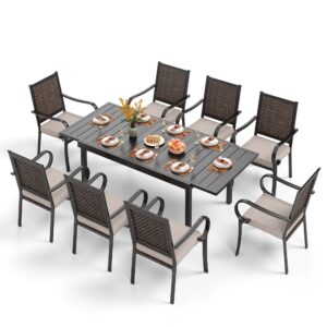 phi villa 9 piece outdoor extendable dining set for 8, expandable rectangular metal dining table & 8 rattan chairs for patio, deck, yard