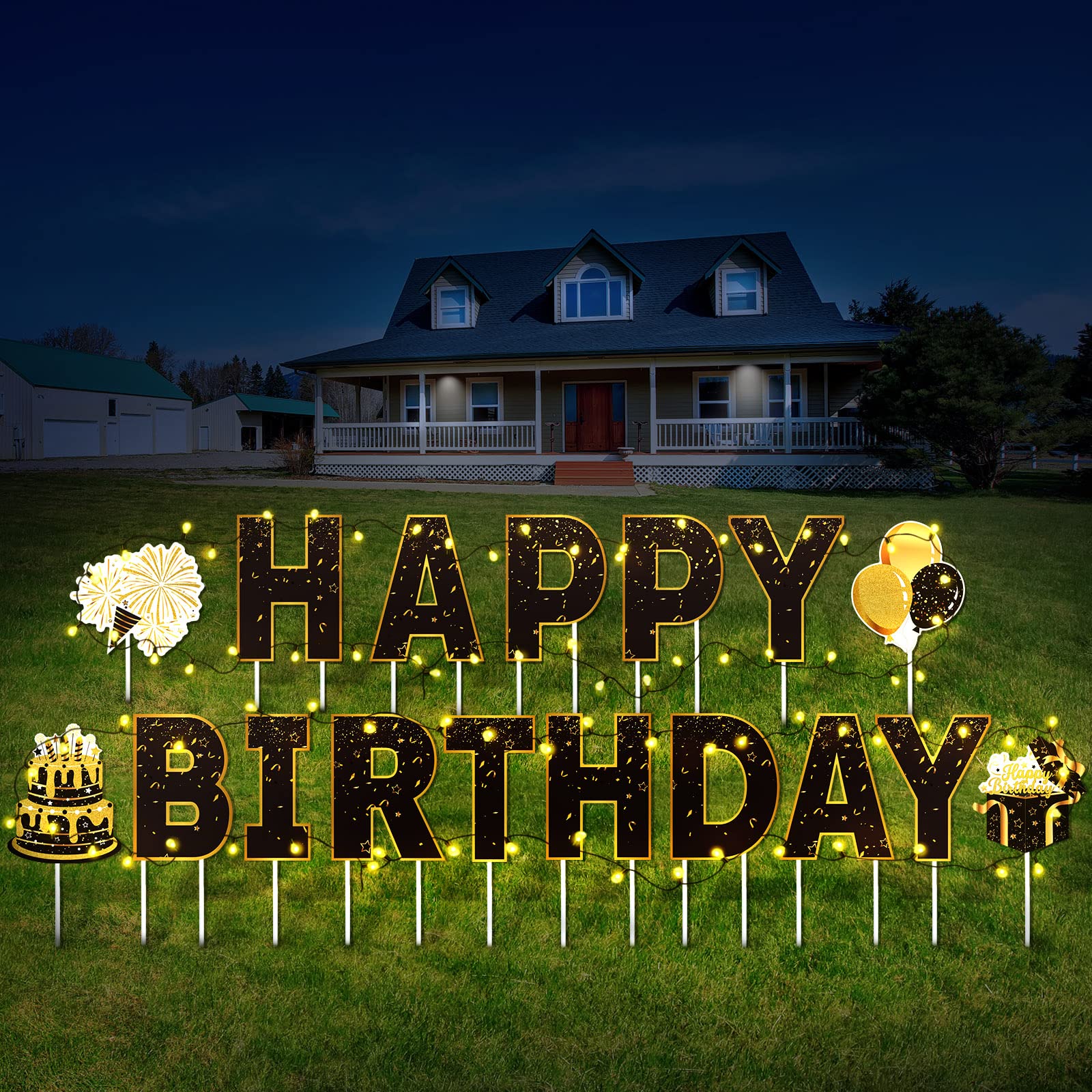 17 Pieces 16'' Happy Birthday Yard Signs with Stakes Birthday lawn sign with String Light Outdoor Decorations Yard Supplies for Home Garden Party, Black and Gold