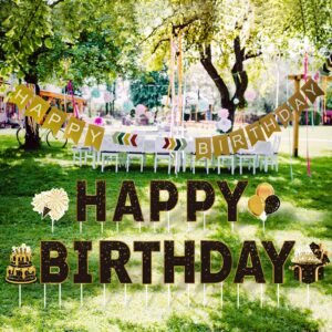 17 Pieces 16'' Happy Birthday Yard Signs with Stakes Birthday lawn sign with String Light Outdoor Decorations Yard Supplies for Home Garden Party, Black and Gold