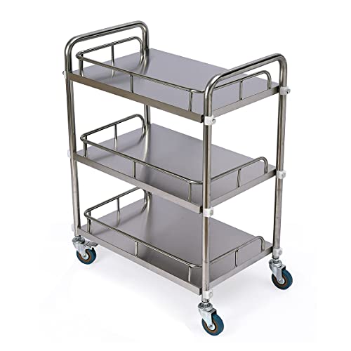 DNYSYSJ 3 Layers Cart Trolley, 3 Layers Lab Utility Cart Trolley Lab Clinic Serving Cart with Lockable Wheel Stainless Steel Frame for Lab Clinic Beauty Salon