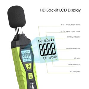 Decibel Meter, Tadeto Digital Sound Level Meter Portable SPL Meter 30dB to 130dB MAX Data Hold with LCD Display Backlight A/C Weighted for Home Factories