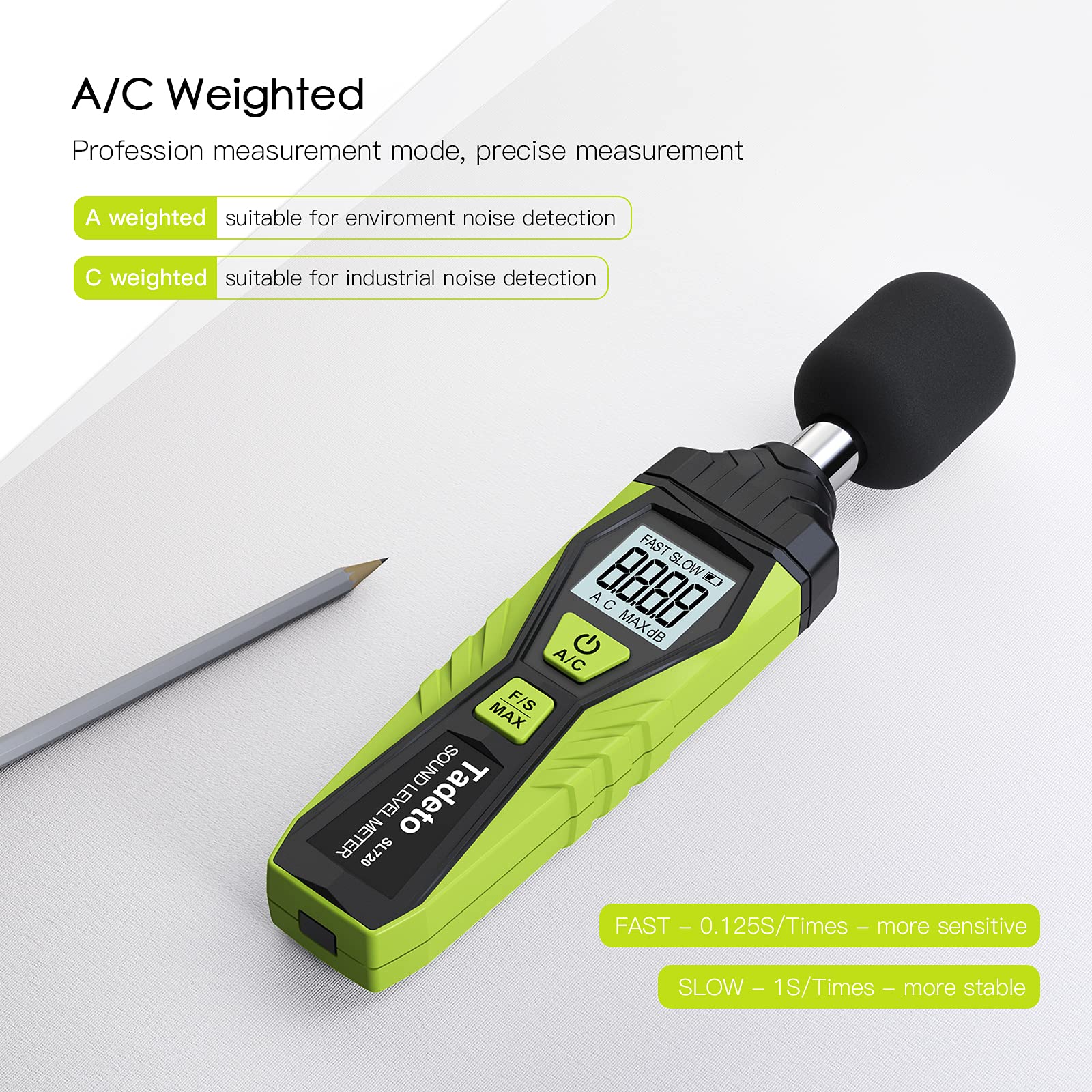 Decibel Meter, Tadeto Digital Sound Level Meter Portable SPL Meter 30dB to 130dB MAX Data Hold with LCD Display Backlight A/C Weighted for Home Factories