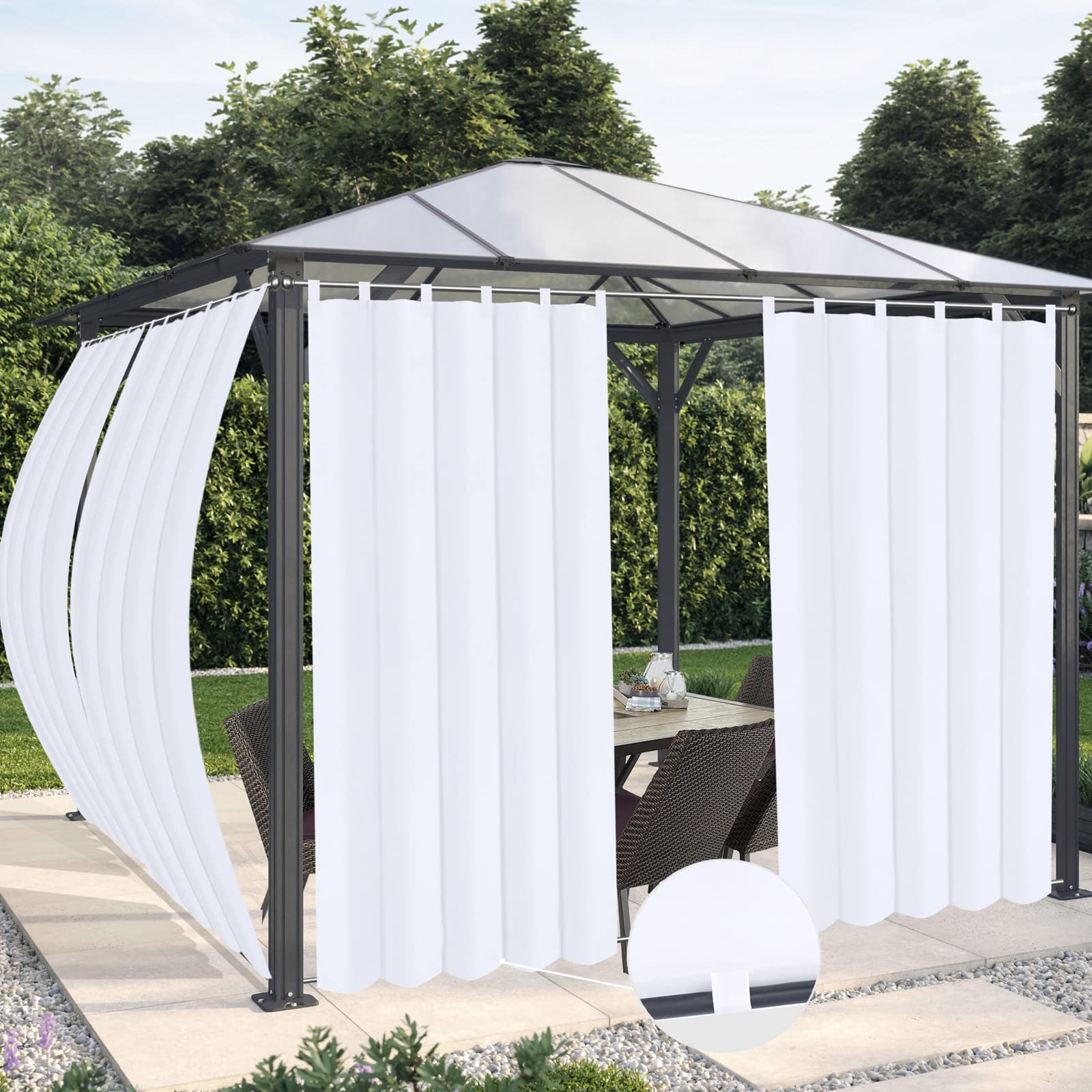 OutdoorLines Waterproof Outdoor Curtains for Patio - Windproof Tab Top Gazebo Curtain Panels - Privacy Sun Blocking Outside Curtain Set for Porch, Pergola and Cabana 54 x 84 inch, White, 2 Panels